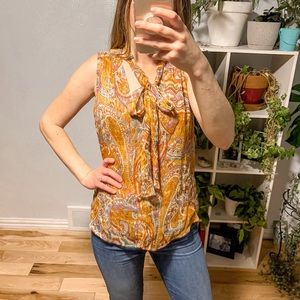 Reformation Paisley Bow Blouse Metallic Accent V-Neck Tie Neck Sleeveless